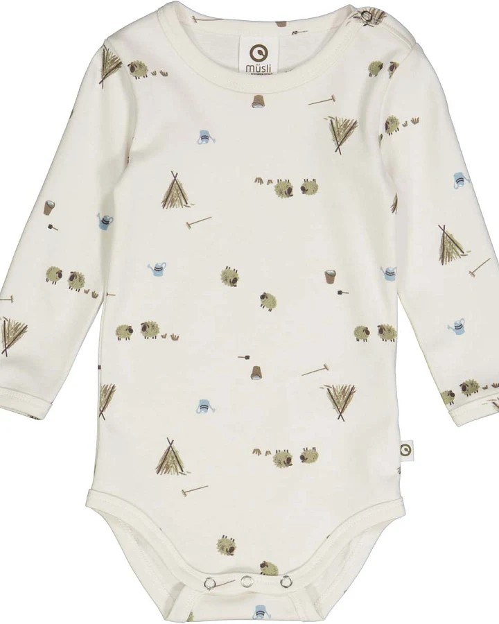 Müsli by green Cotton - Langarmbody "kleine Farm" creme