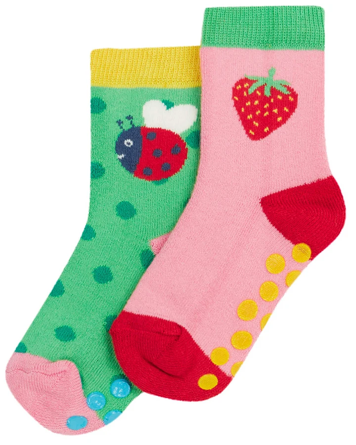 Frugi - Stoppersocken 2er-Pack "Erdbeere" pink-grün 23-26