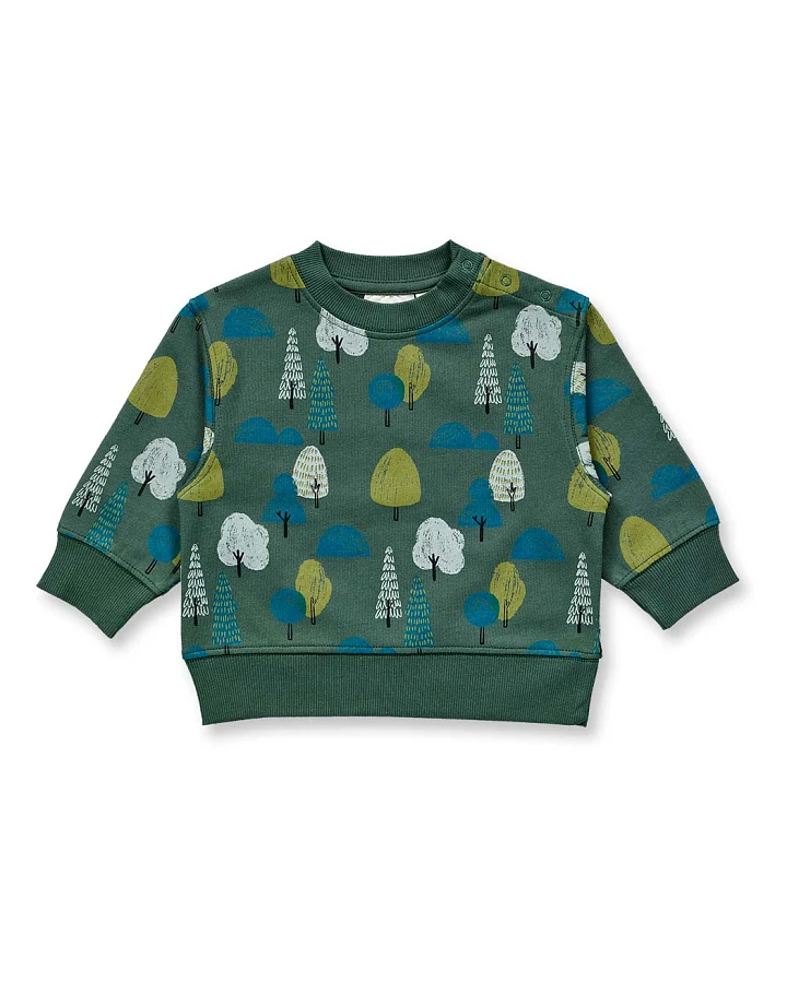 Baby Sweatshirt in dunkelgrün mit Baumdruck, Modell SIAM