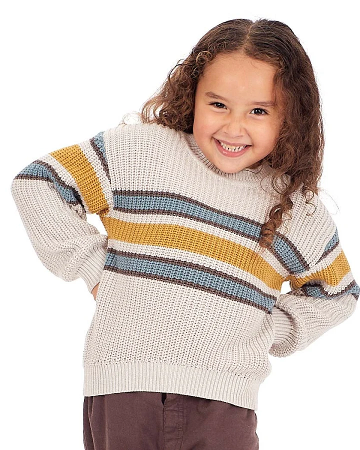 Kinder Strickpullover in salbeigrün-senfgelb geringelt, Modell DELIA