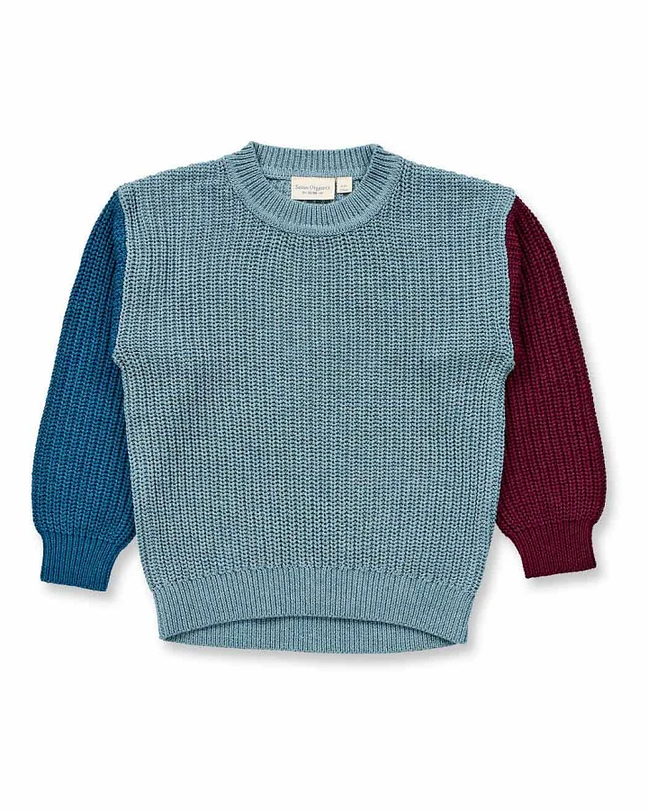 Kinder Strickpullover in bordeauxrot-salbeigrün-petrol, Modell DELIA