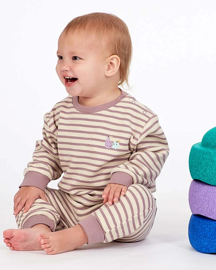 Baby Langarmshirt mauve-weiß geringelt mit Früchte-Motiv, Modell PILOO