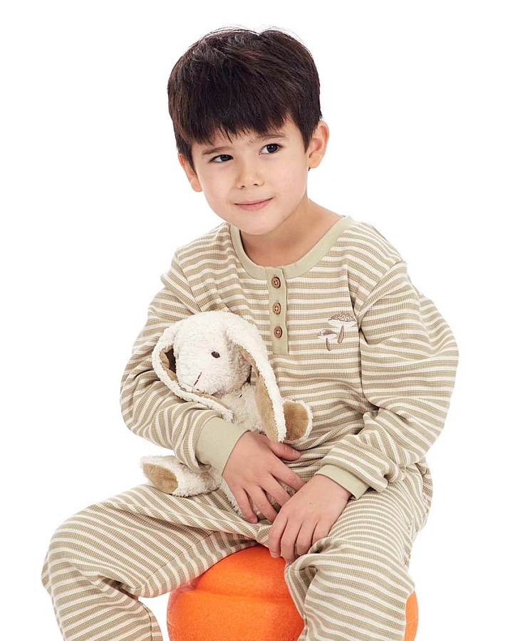 Kinder Schlafanzug mit Pilzmotiv geringelt, Modell JUNIS