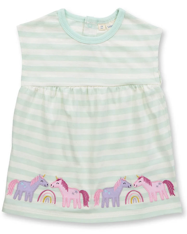 Eisgrün-weiß geringeltes Babykleid mit Einhorn-Applikation