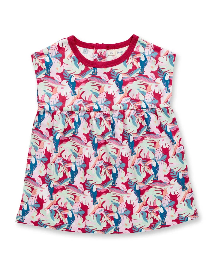 Babykleid mit buntem tropischen Blätter- und Tukan-Druck