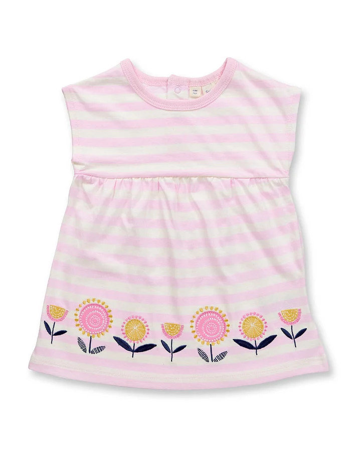Sommerliches Babykleid rosa-weiß geringelt mit Blumen-Applikation