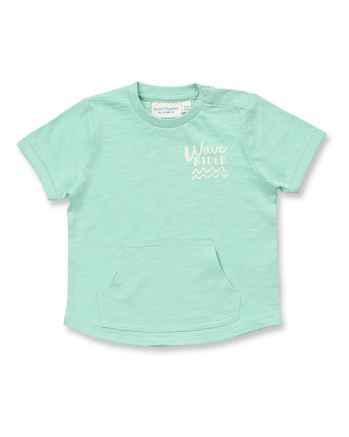Baby T-Shirt in mintgrün mit Kängurutasche, Modell TAMO