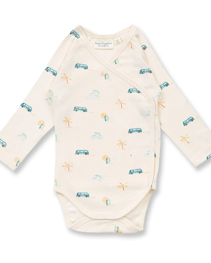 Baby Wickelbody in weiß mit Retro-Bus-Druck, Modell YGON