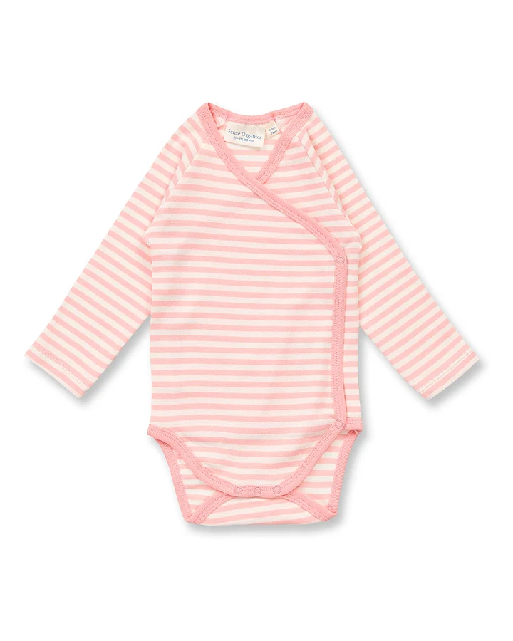 Baby Wickelbody rosa-weiß geringelt, Modell YGON
