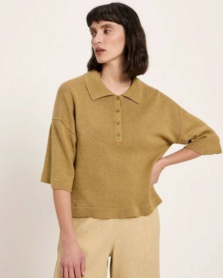 LANIUS Halbarmpullover mit Polo-Kragen aus Baumwolle und Leinen