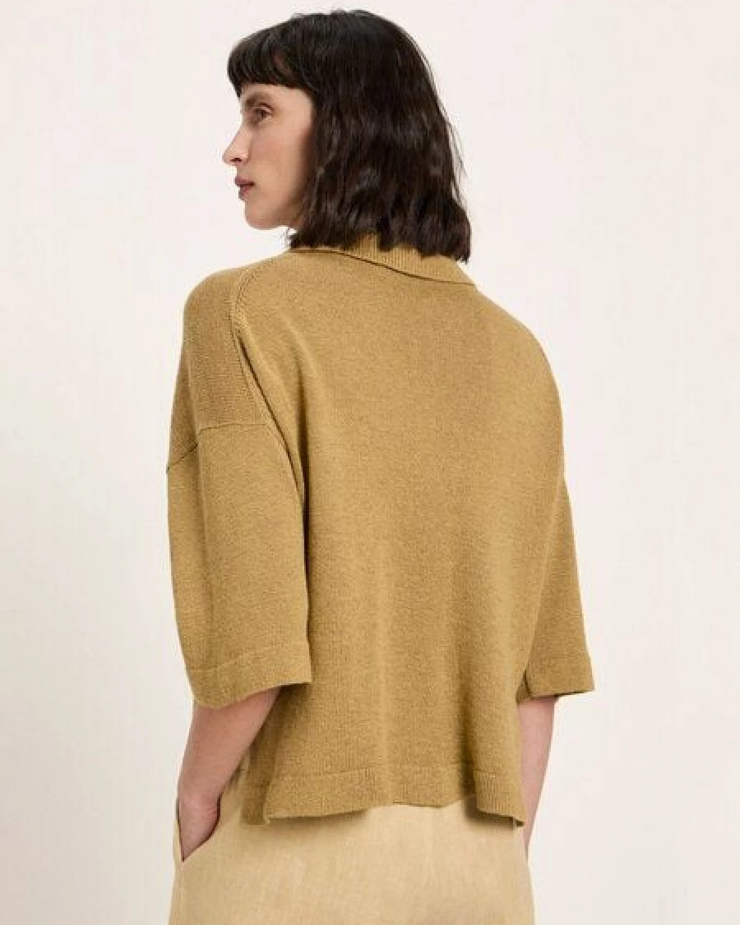 LANIUS Halbarmpullover mit Polo-Kragen aus Baumwolle und Leinen – Ansicht 4