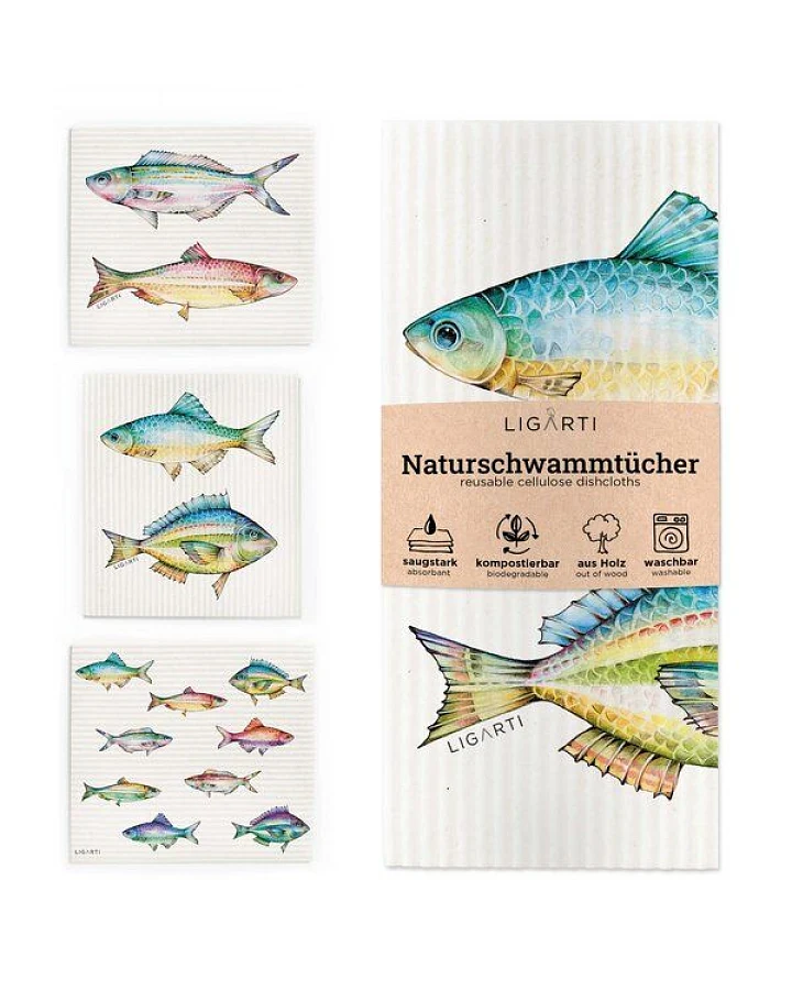 LIGARTI Schwammtuch 3er Set - Bunte Fische