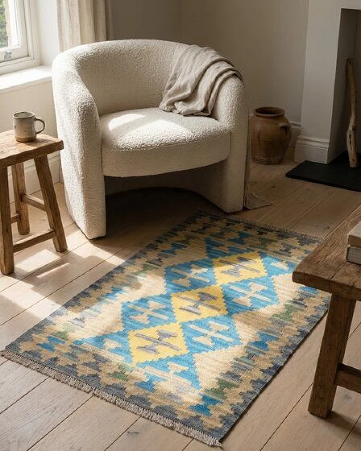 Kelim Gashgai Beige „Rugtales“ aus Schurwolle, 80x110 cm