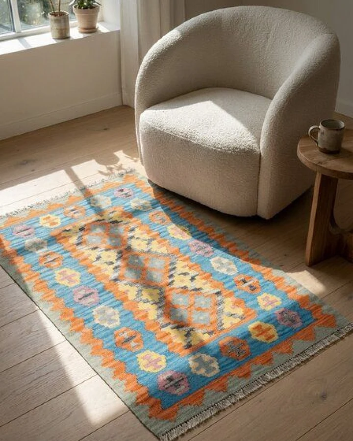 Kelim Gashgai Orange „Rugtales“ aus Schurwolle, 84x131 cm