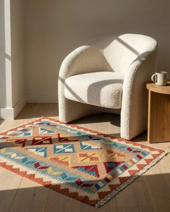 Kelim Gashgai Beige „Rugtales“ aus Schurwolle, 104x147 cm