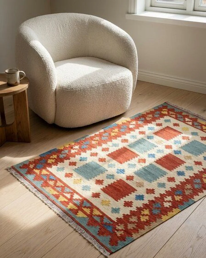 Kelim Gashgai Beige „Rugtales“ aus Schurwolle, 107x152 cm
