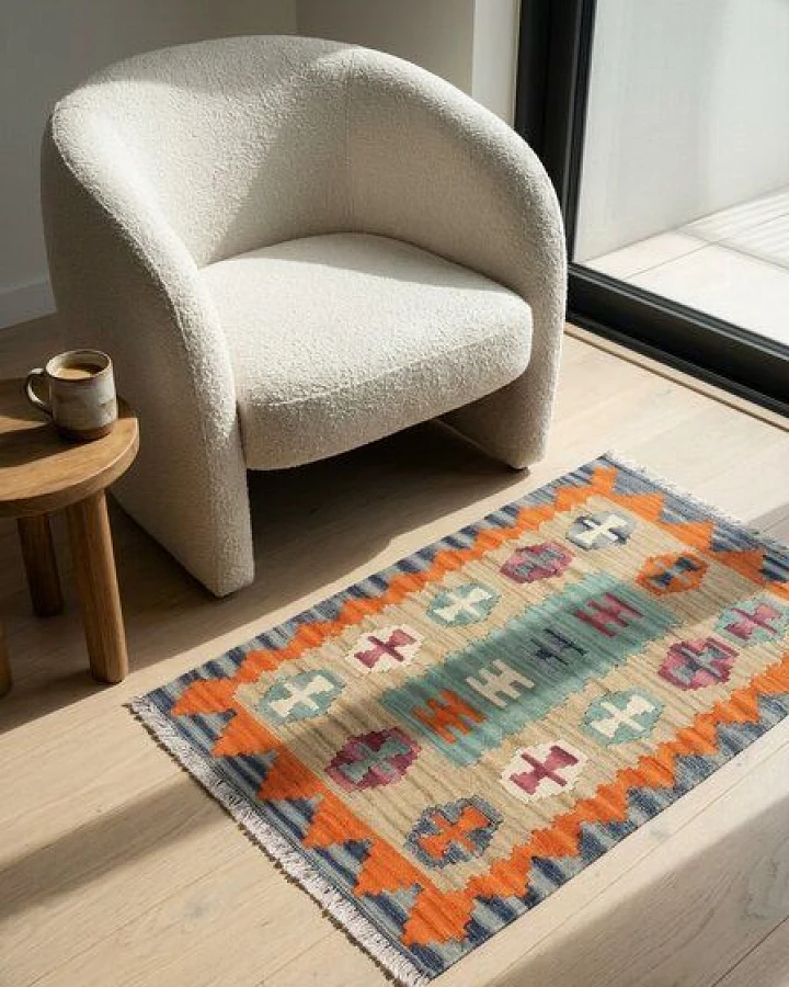 Kelim Gashgai Beige „Rugtales“ aus Schurwolle, 64x91 cm