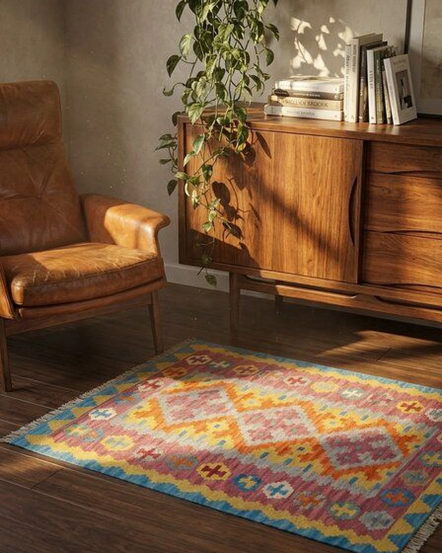 Kelim Gashgai Grau „Rugtales“ aus Schurwolle, 86x126 cm – Ansicht 2