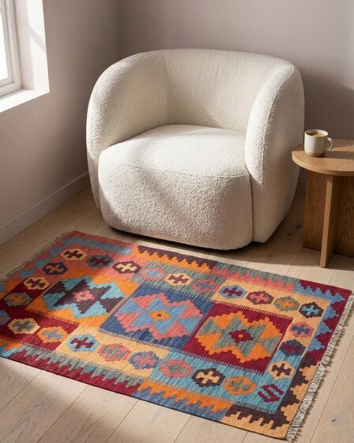 Kelim Gashgai Mehrfarbig „Rugtales“ aus Schurwolle, 84x129 cm