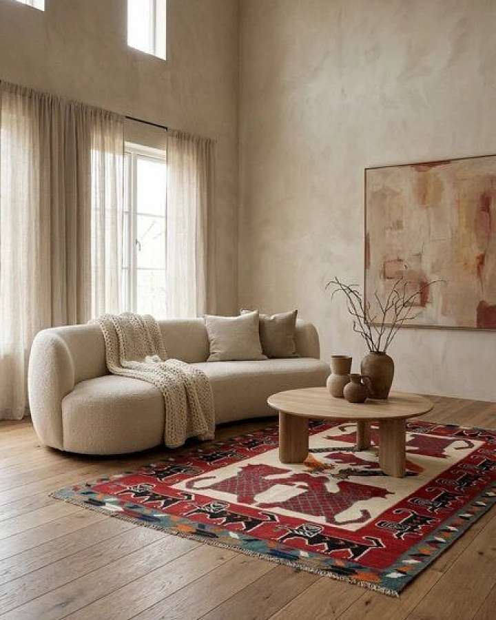 Kelim Gashgai Old Mehrfarbig „Rugtales“ aus Schurwolle, 151x221 cm