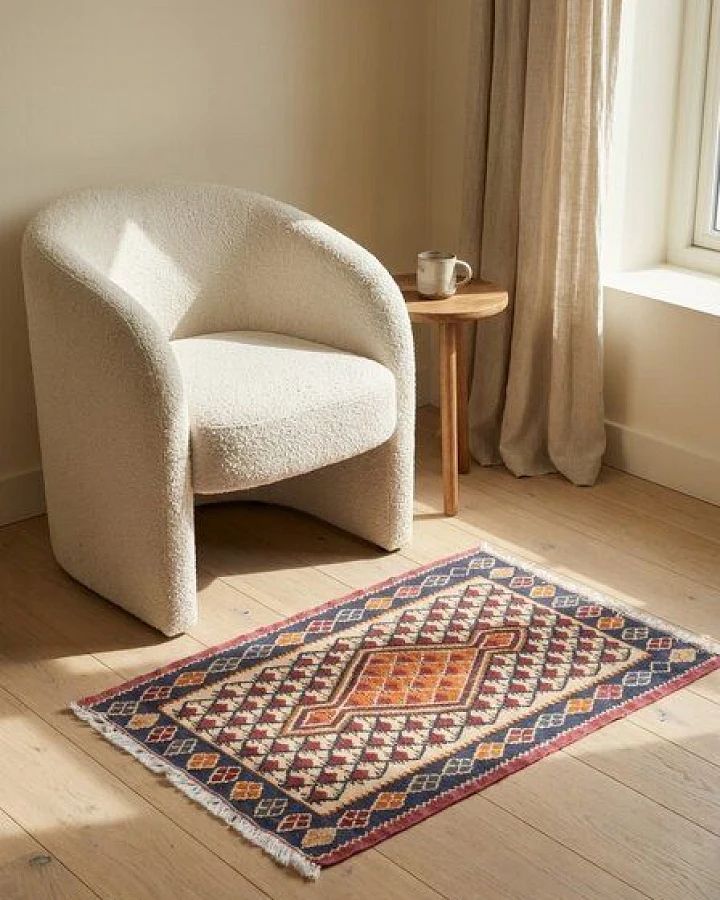 Kelim Senneh Beige „Rugtales“ aus Schurwolle, 60x90 cm