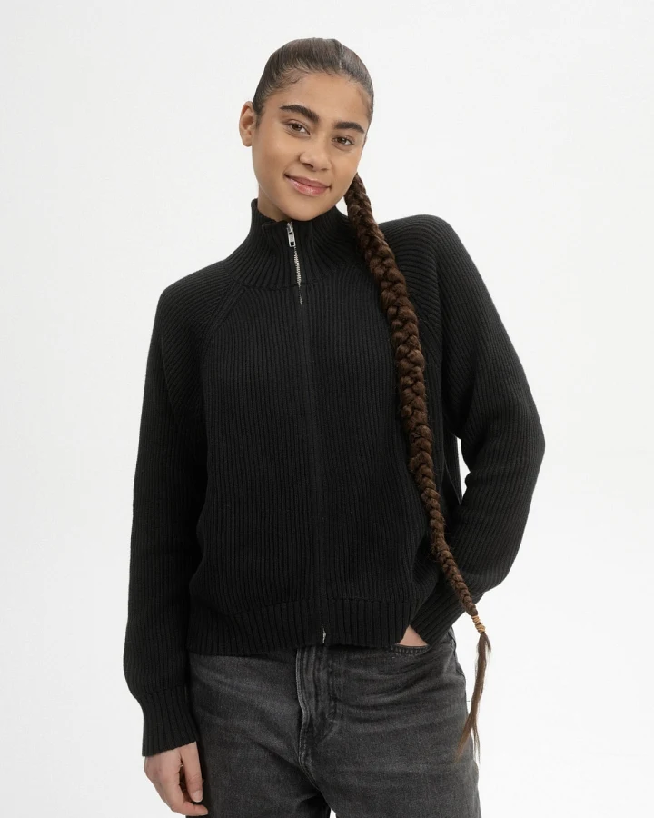 MELA Damen vegan Strickjacke Rippe Kamuka Schwarz