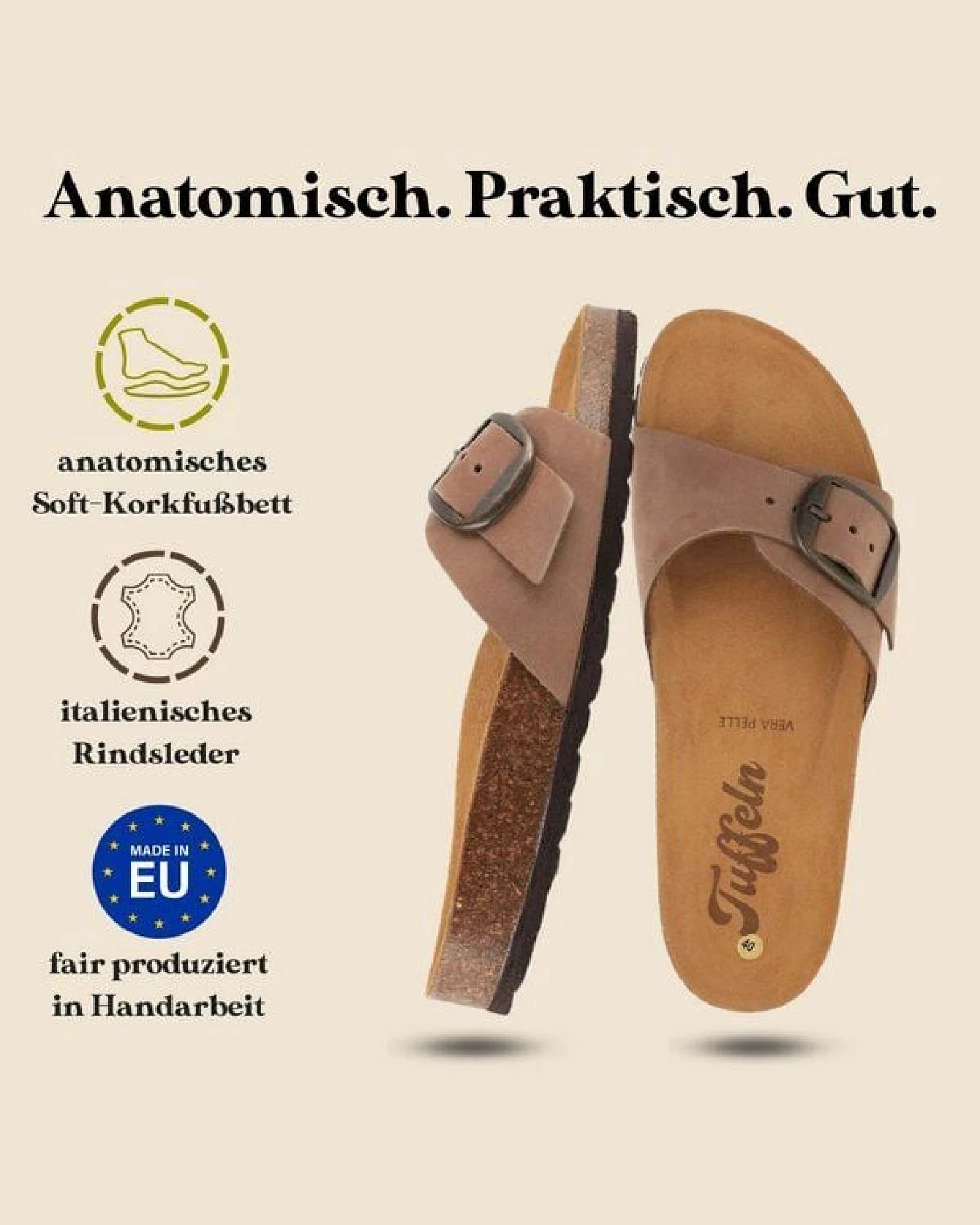 Tuffeln Leder-Pantolette Fehmarn mit weichem Kork-Fußbett Einschnaller-Sandalen – Ansicht 3