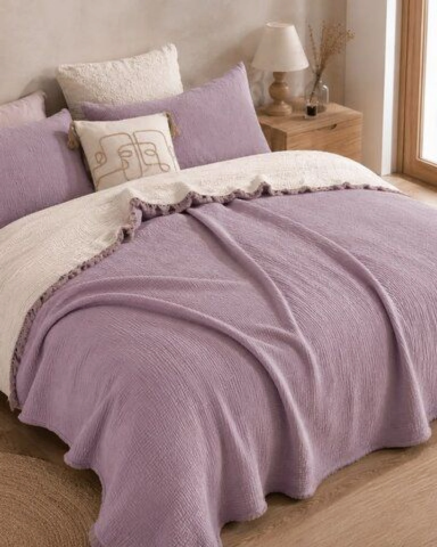 Sandiik Musselin Wohndecke Double Face in softem Lila & Beige – Ansicht 2