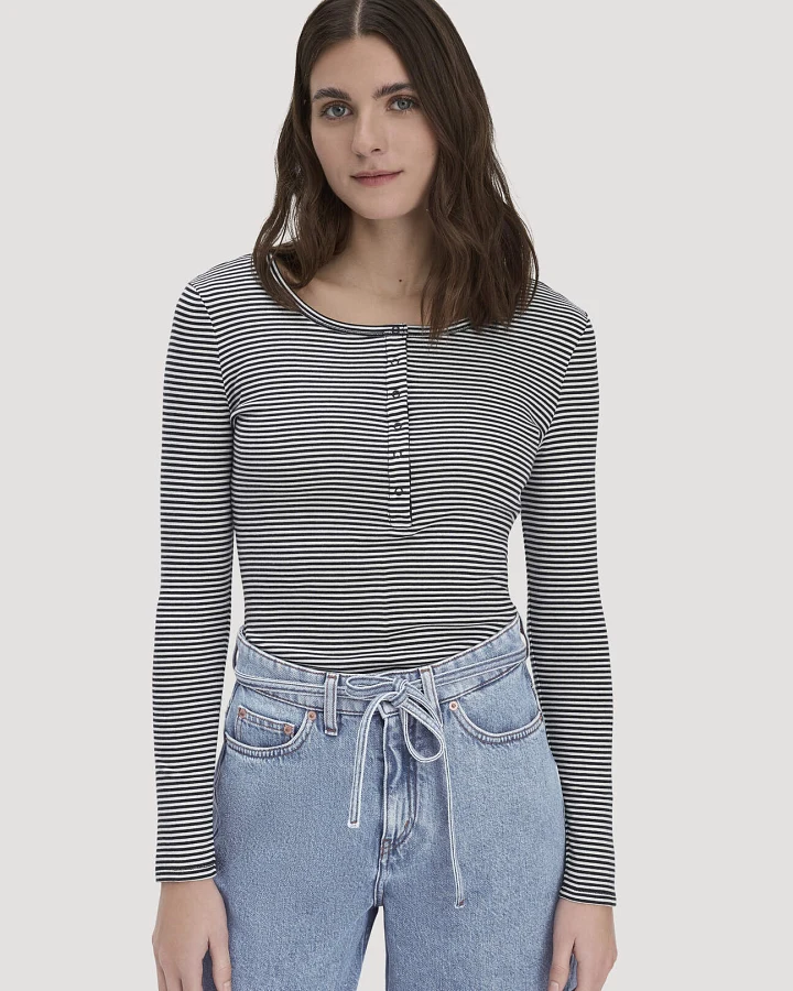 hessnatur Damen Softrib Longsleeve Streifen Henley Fitted aus Bio-Baumwolle und TENCEL™ Modal - blau - Größe 34