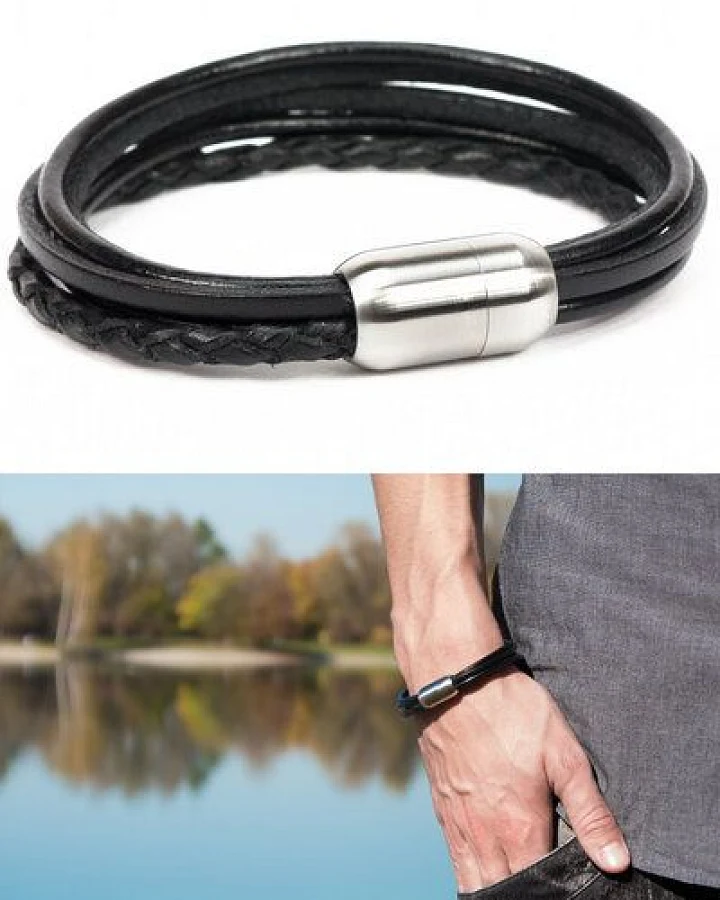 Simaru Herren Lederarmband Echtleder Wickelarmband mit Magnetverschluss