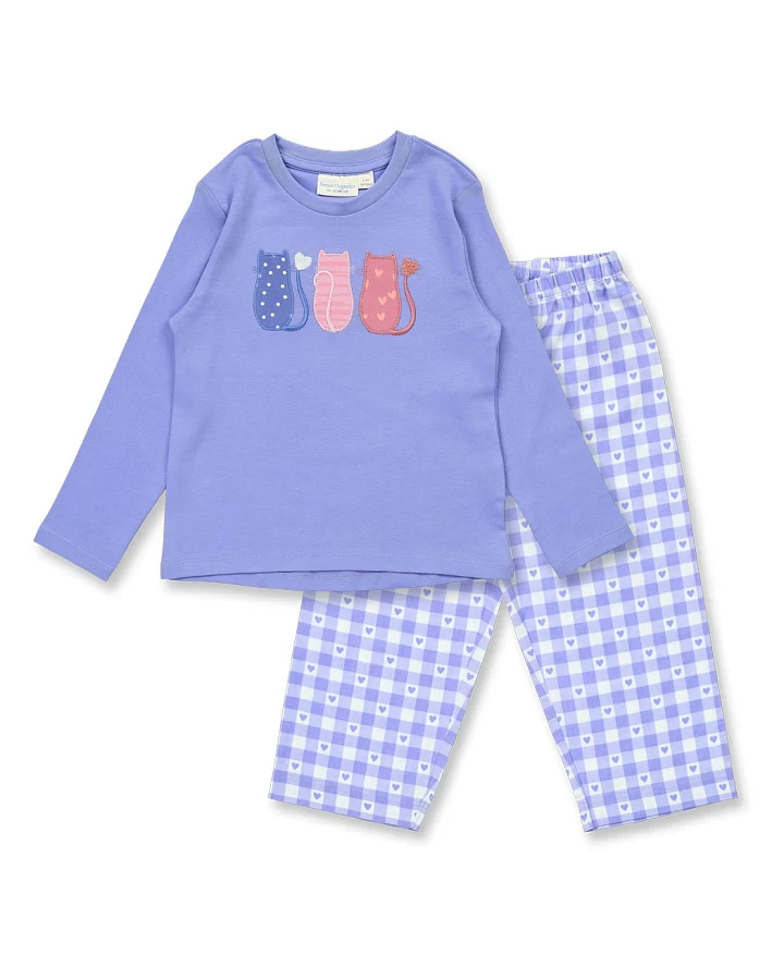 Kinder Schlafanzug in Blau mit Katzen-Applikation und "Flanell" Hose