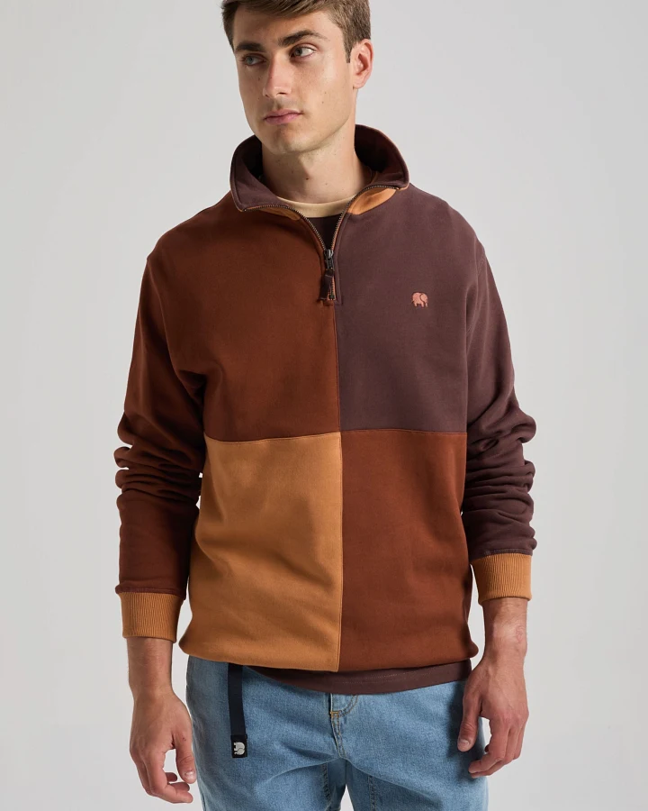 Trendsplant Herren vegan Sweatshirt Color Block Quarter Zip Cherry Mahogany