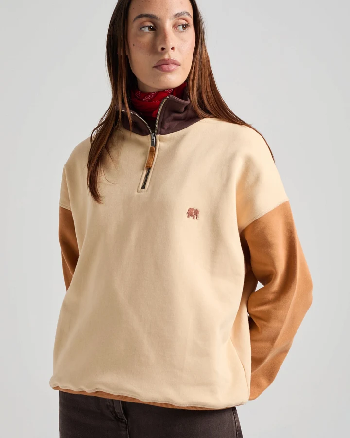Trendsplant Damen vegan Sweatshirt Quarter Zip Color Block Grau Sand