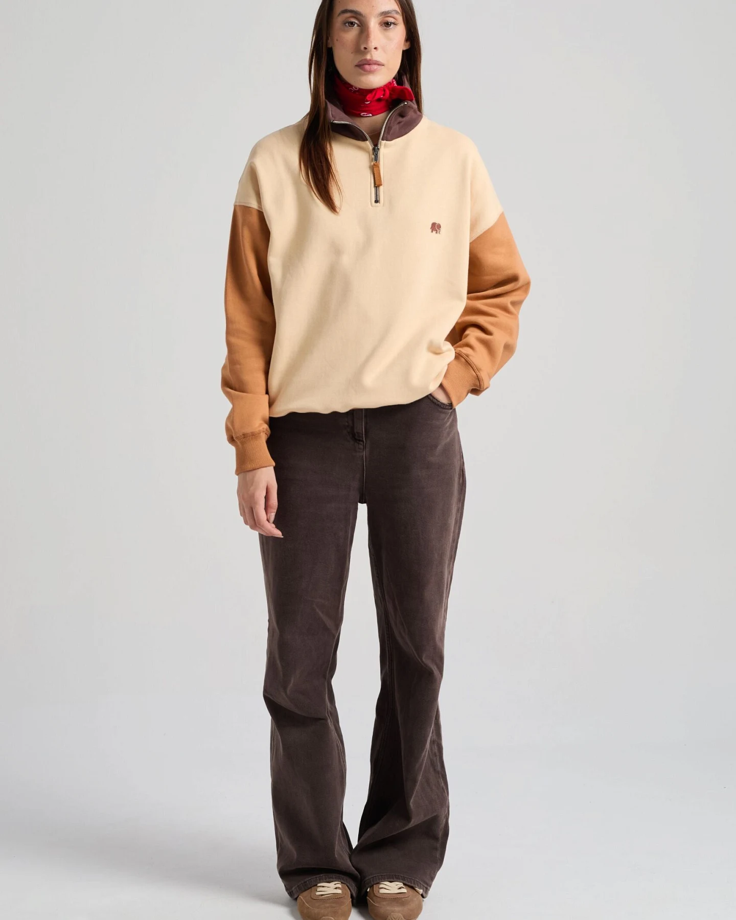 Trendsplant Damen vegan Sweatshirt Quarter Zip Color Block Grau Sand – Ansicht 2