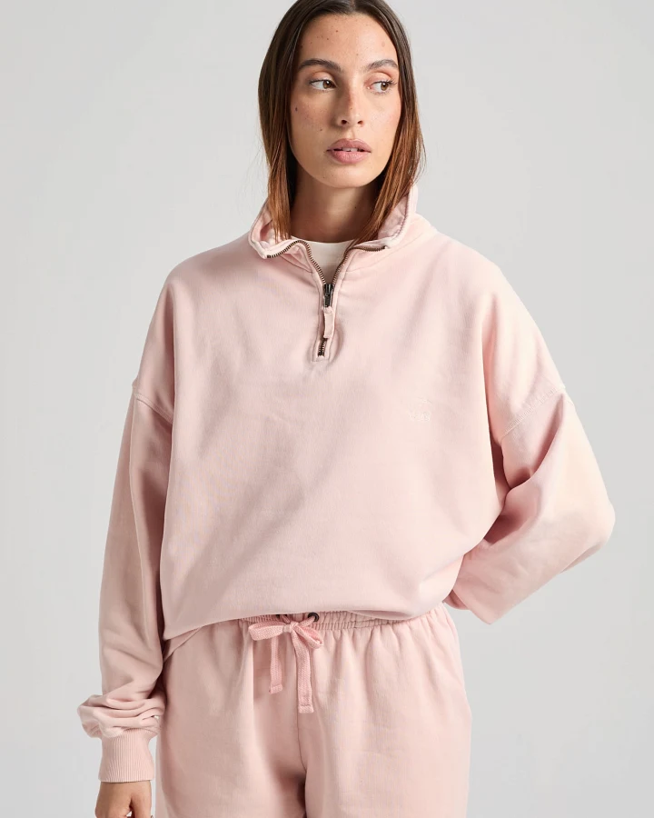 Trendsplant Damen vegan Sweatshirt Sunwashed Essential Mit Viertelreißverschluss Lotus Pink