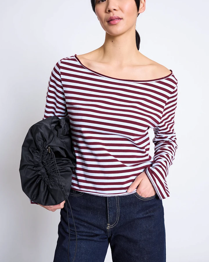 JAN 'N JUNE Damen vegan Langarm-Shirt Mit Schulterfreiem Ausschnitt, Arba, Rot-Blau Gestreift