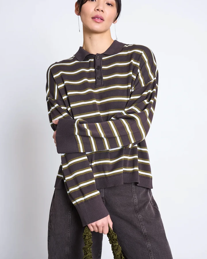 JAN 'N JUNE Damen vegan Strick-Polo-Pullover Etta Zartbitter Gestreift