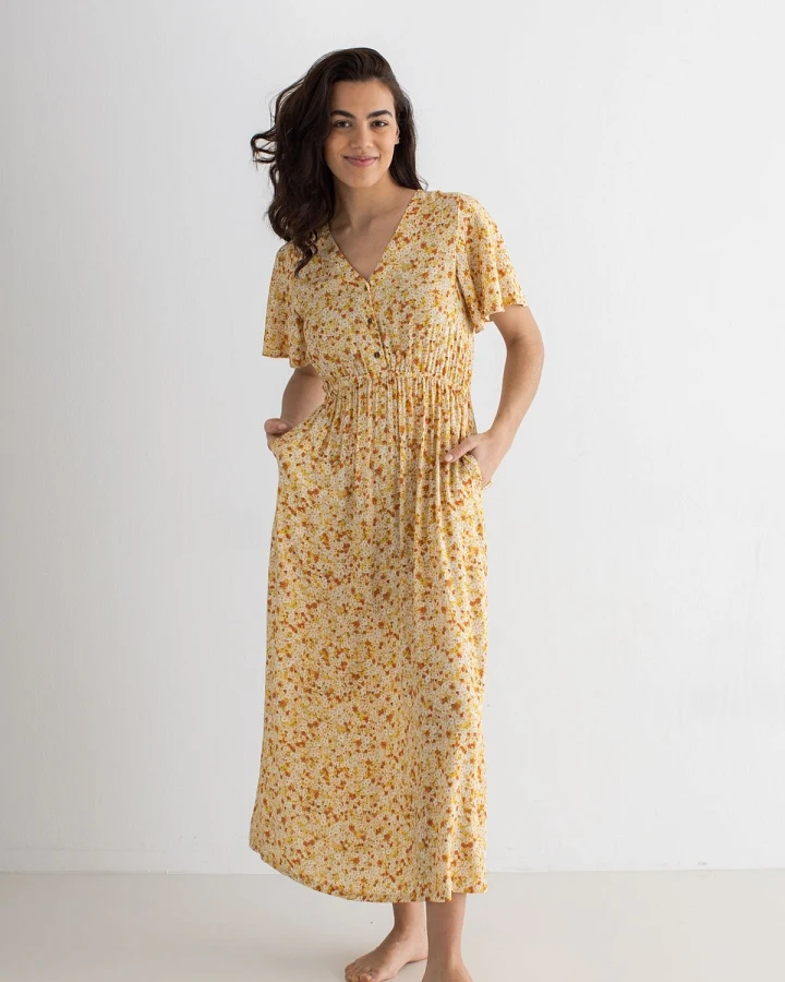 TWOTHIRDS Damen vegan Kleid Balandra Golden Flowers Gelb
