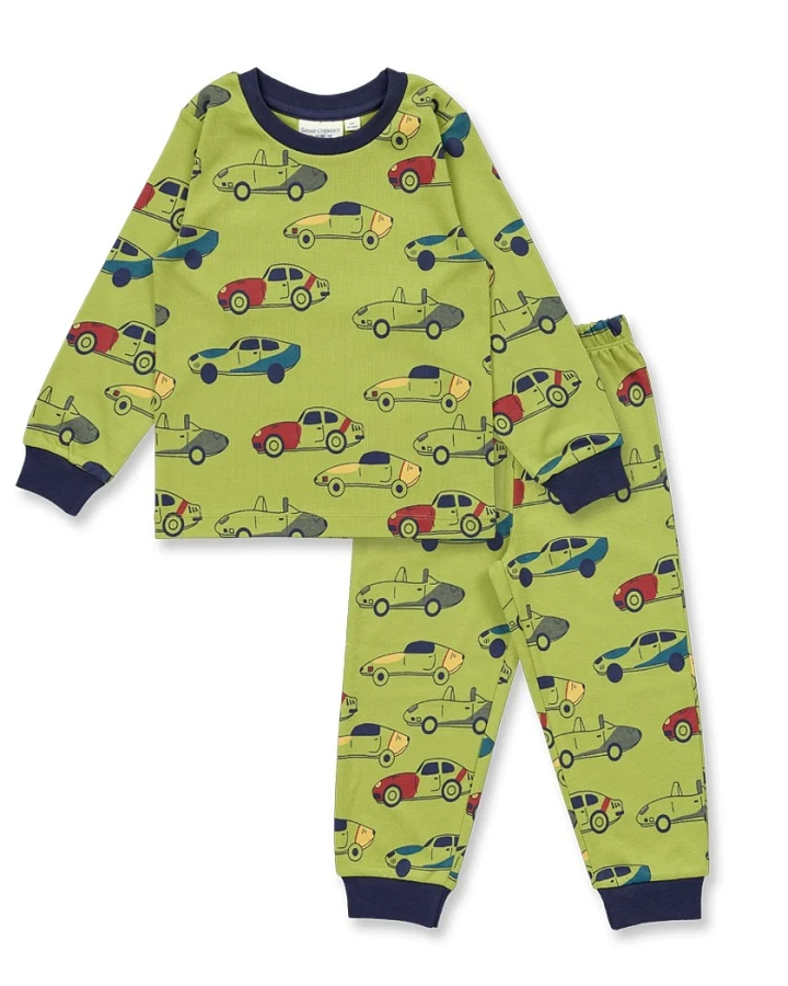 Fröhlicher Kinder Schlafanzug mit buntem Auto-Druck, Modell LONG JOHN