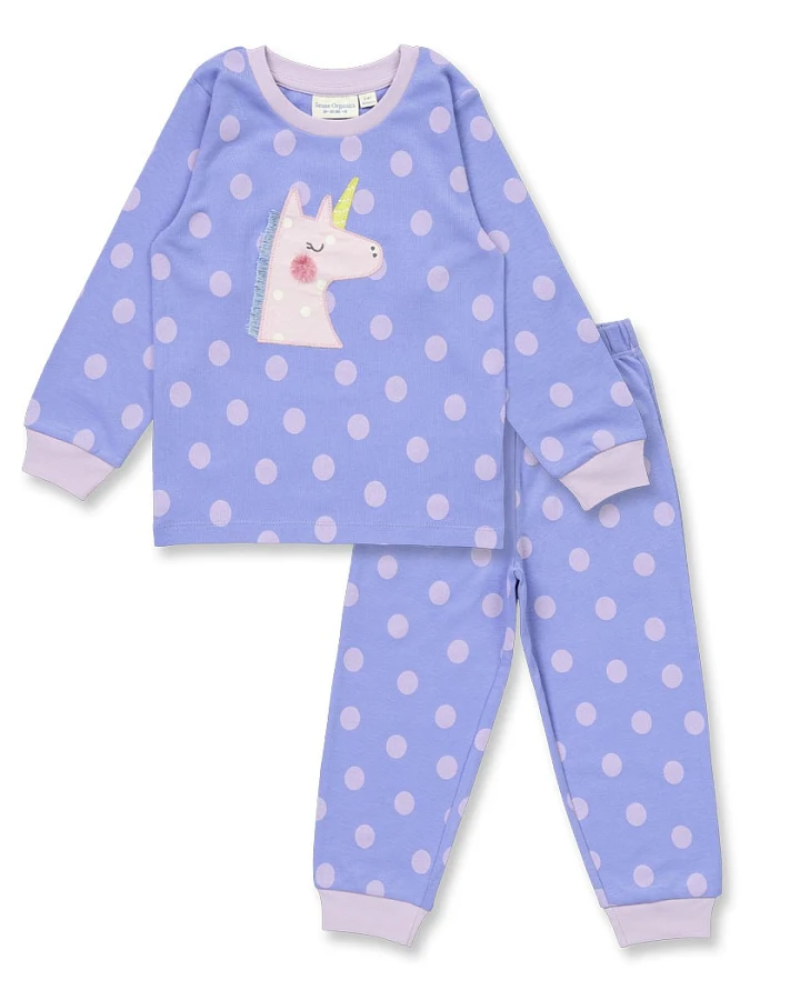 Verspielter Kinder Schlafanzug mit Einhorn-Applikation und Punkte-Druck, Modell LONG JOHN