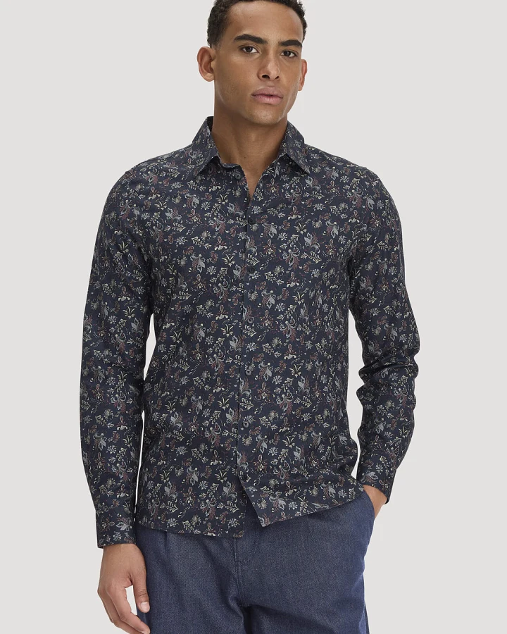 hessnatur Herren Print Hemd Regular aus Bio-Baumwolle - blau - Größe L (41/42)