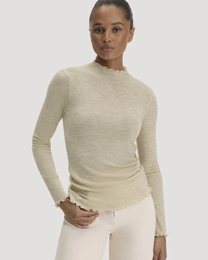 hessnatur Damen Mock-Neck Longsleeve Pointelle aus Bio-Merinowolle - beige - Größe 40
