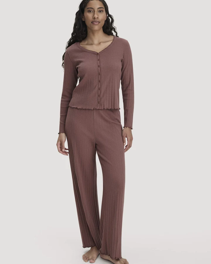 hessnatur Damen Pointelle Schlafhose PURE COTTON aus Bio-Baumwolle - braun - Größe 42