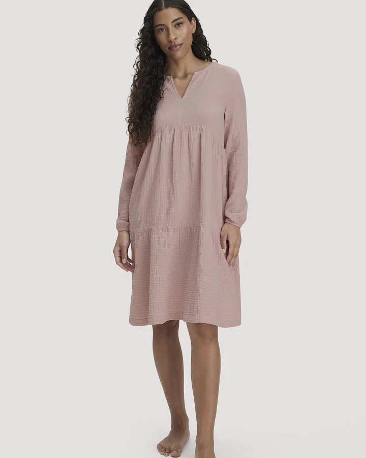 hessnatur Damen Musselin Nachthemd Relaxed PURE COMFORT aus Bio-Baumwolle - rosa - Größe 40
