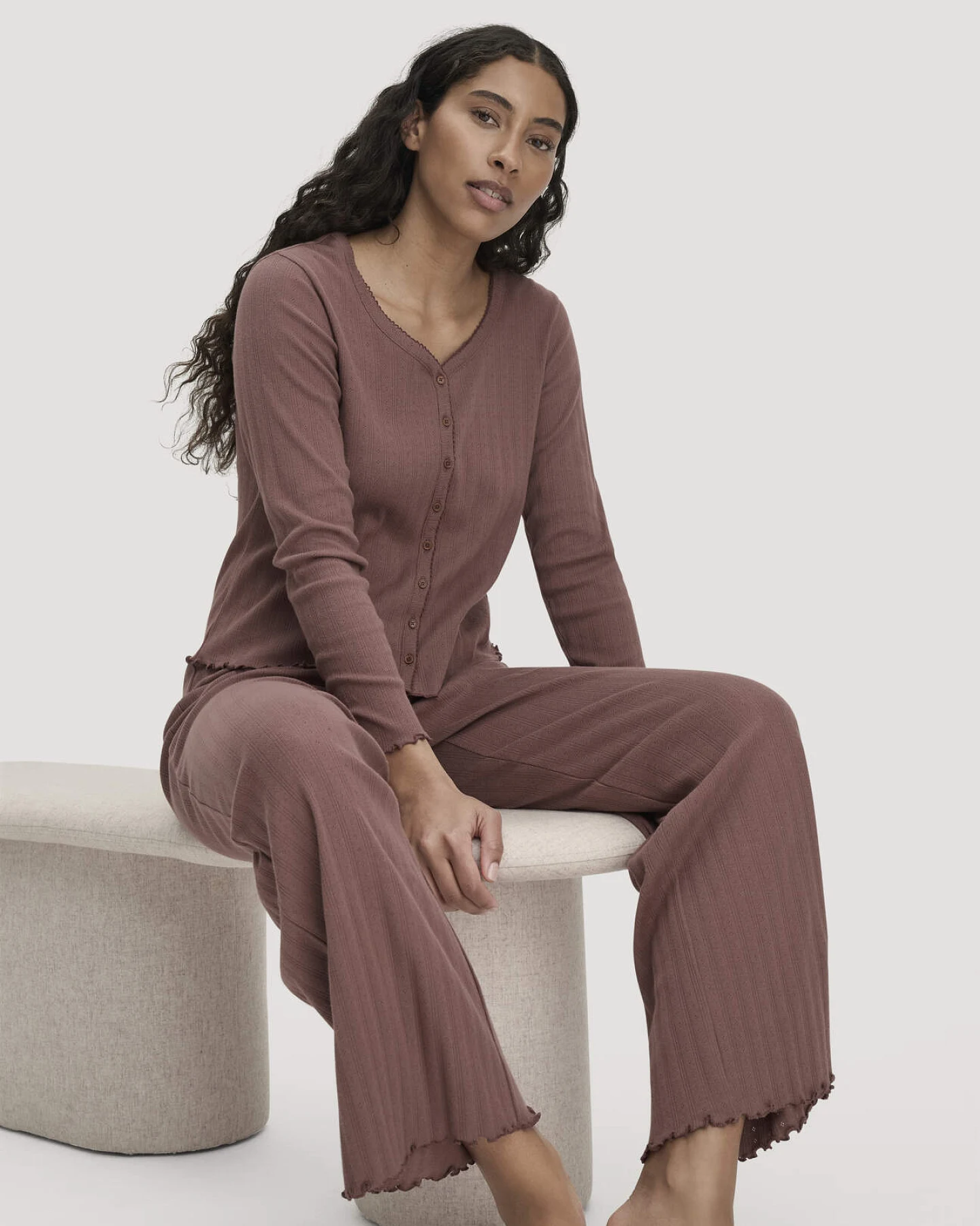 hessnatur Damen Pointelle Schlafhose PURE COTTON aus Bio-Baumwolle - braun - Größe 40 – Ansicht 2