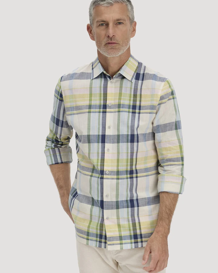 hessnatur Herren Karo Hemd Regular aus Bio-Baumwolle mit Leinen - blau - Größe L (41/42)