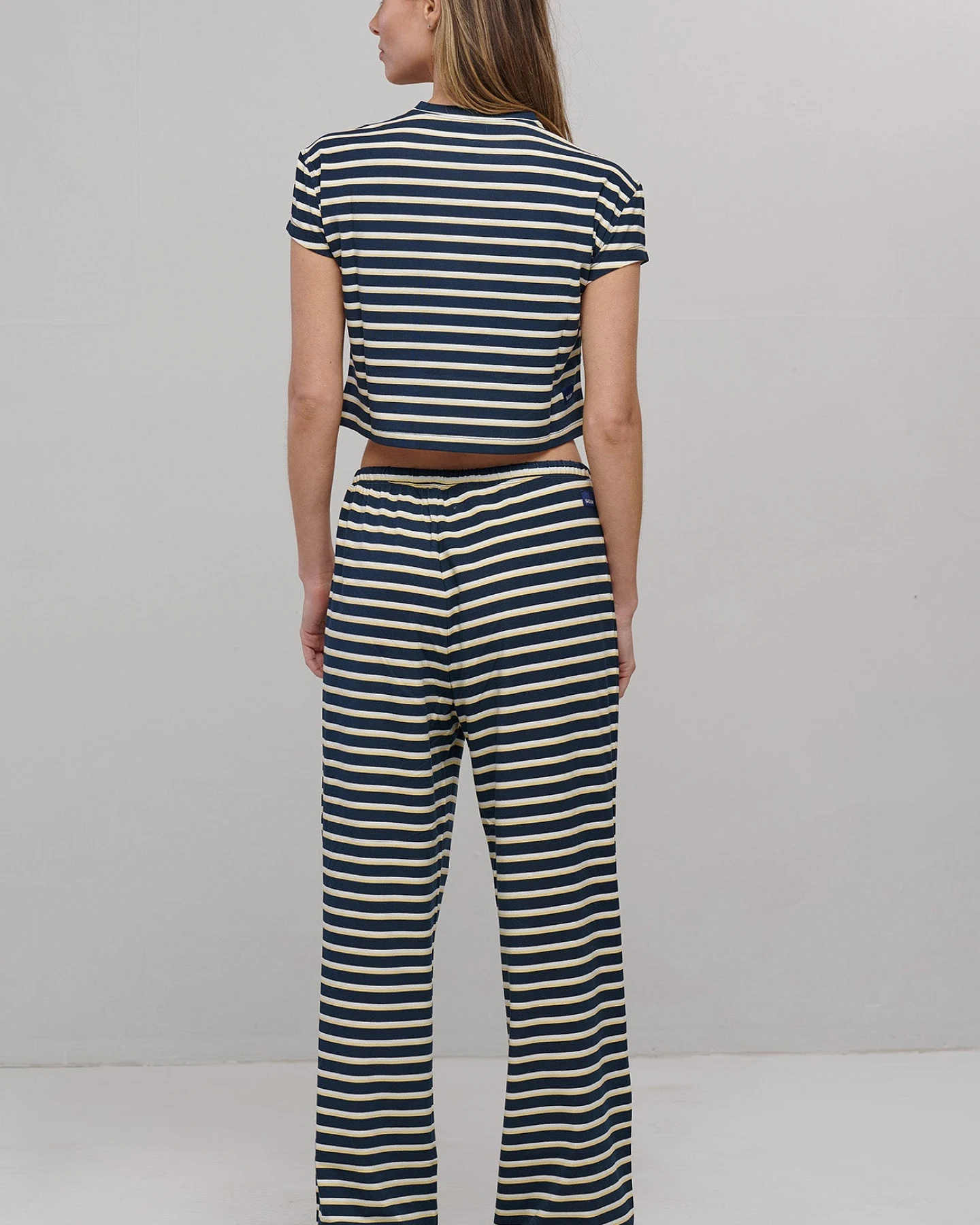 SEAAV Damen vegan Hose Im Matrosen-Streifen-Look Marineblau/Weiß – Ansicht 2