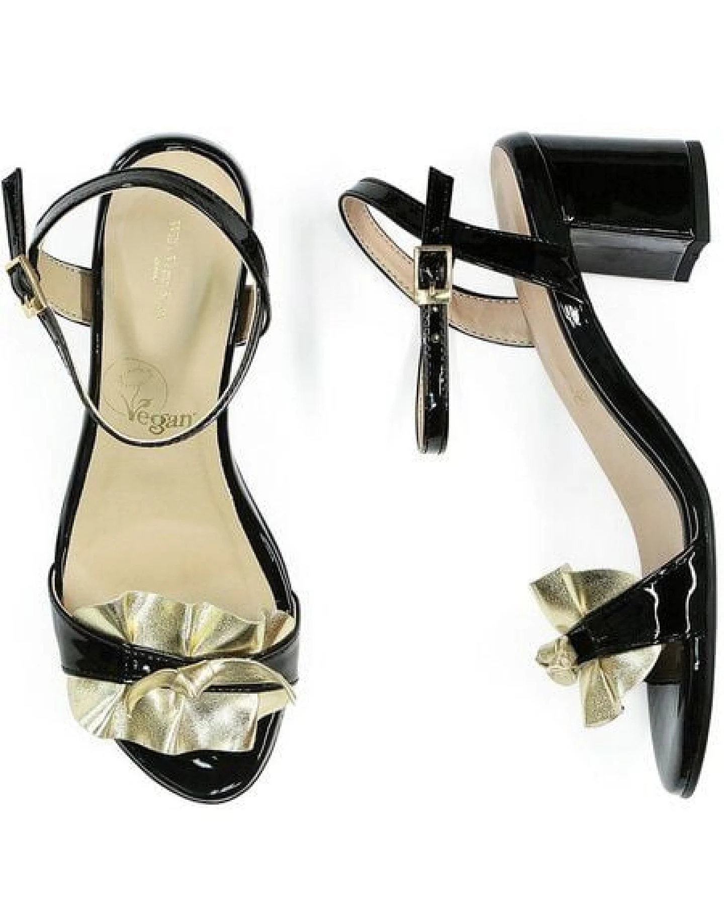 Will's Vegan Shop Rüschensandalen Veganes Schwarzes Lackleder Damen – Ansicht 4