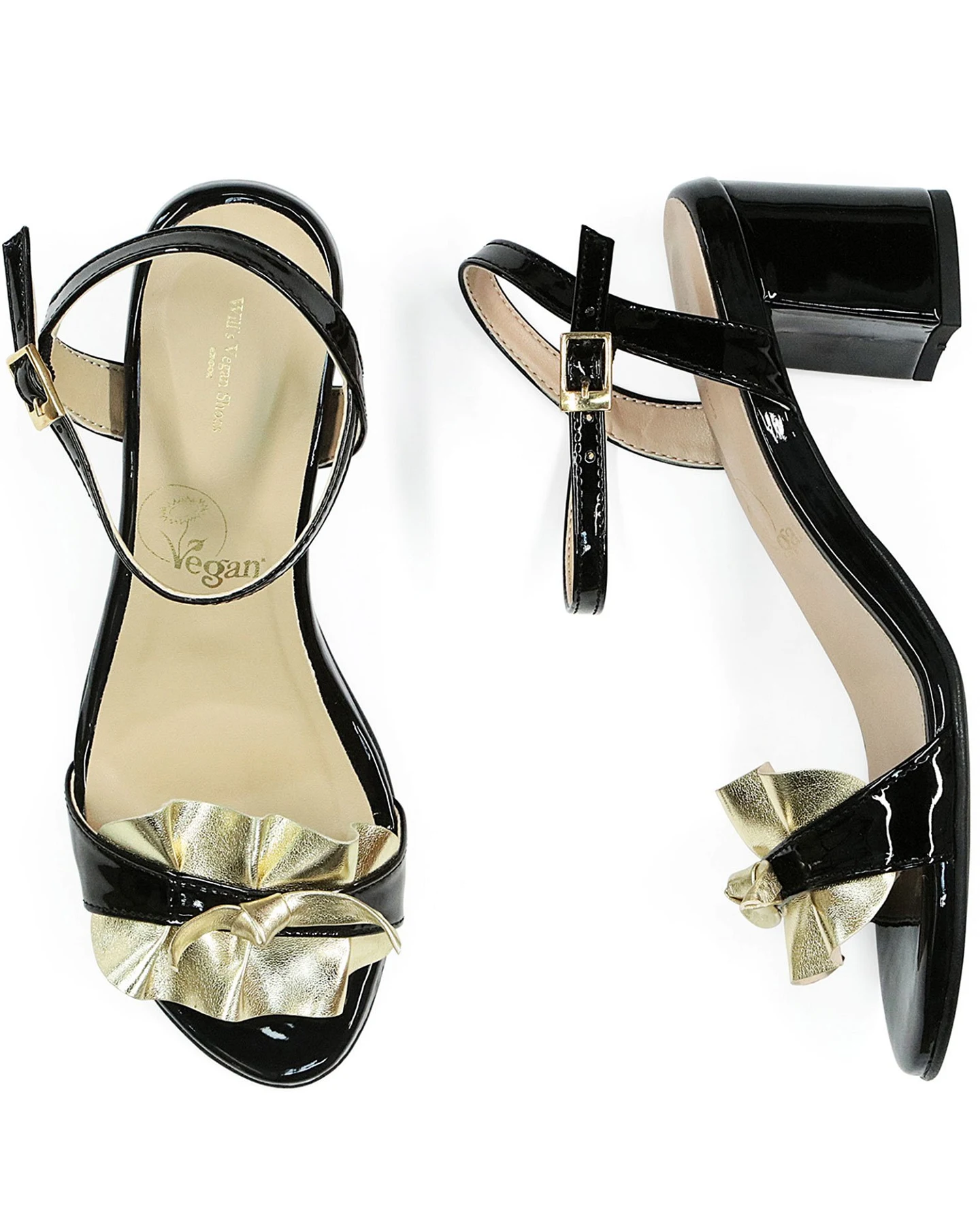 Will's Vegan Store Damen vegan Sandalen Rüschen Schwarz & Gold – Ansicht 2