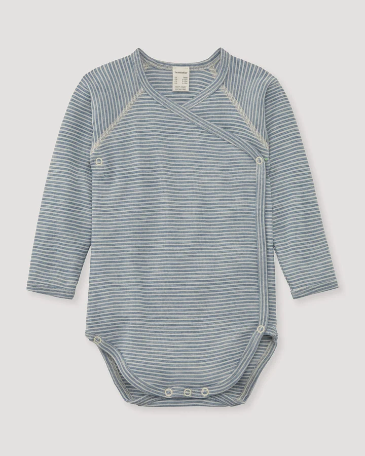 hessnatur Baby Langarm Wickelbody aus Bio-Merinowolle mit Seide - blau - Größe 50/56